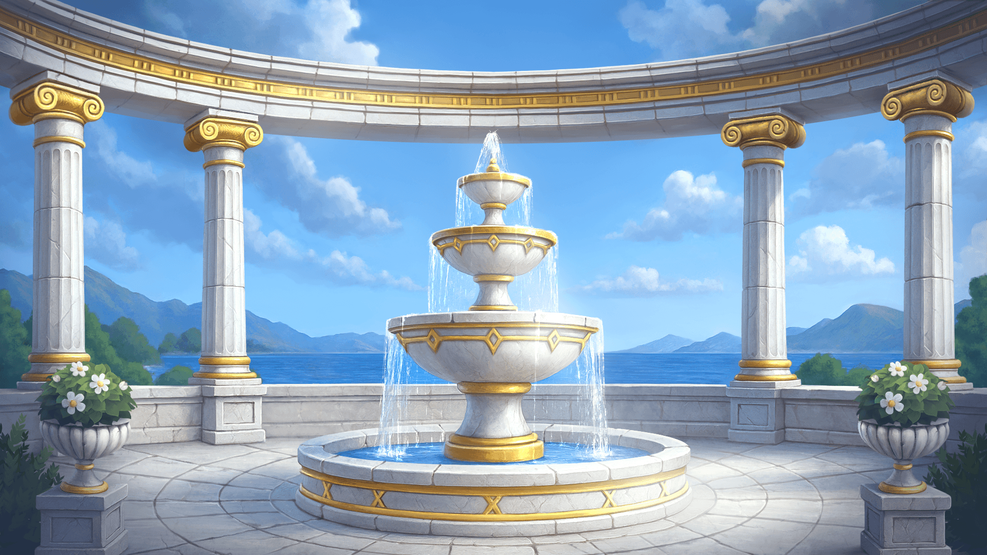 Marble terrace overlooking the Aegean sea with classical columns and a fountain